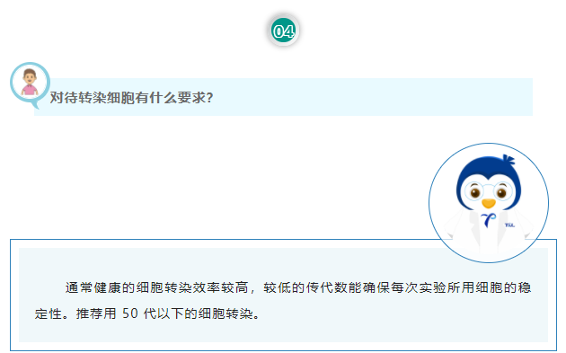 对待转染细胞有什么要求？通常健康的细胞转染效率较高，较低的传代数能确保每次实验所用细胞的稳定性。推荐用 50 代以下的细胞转染。